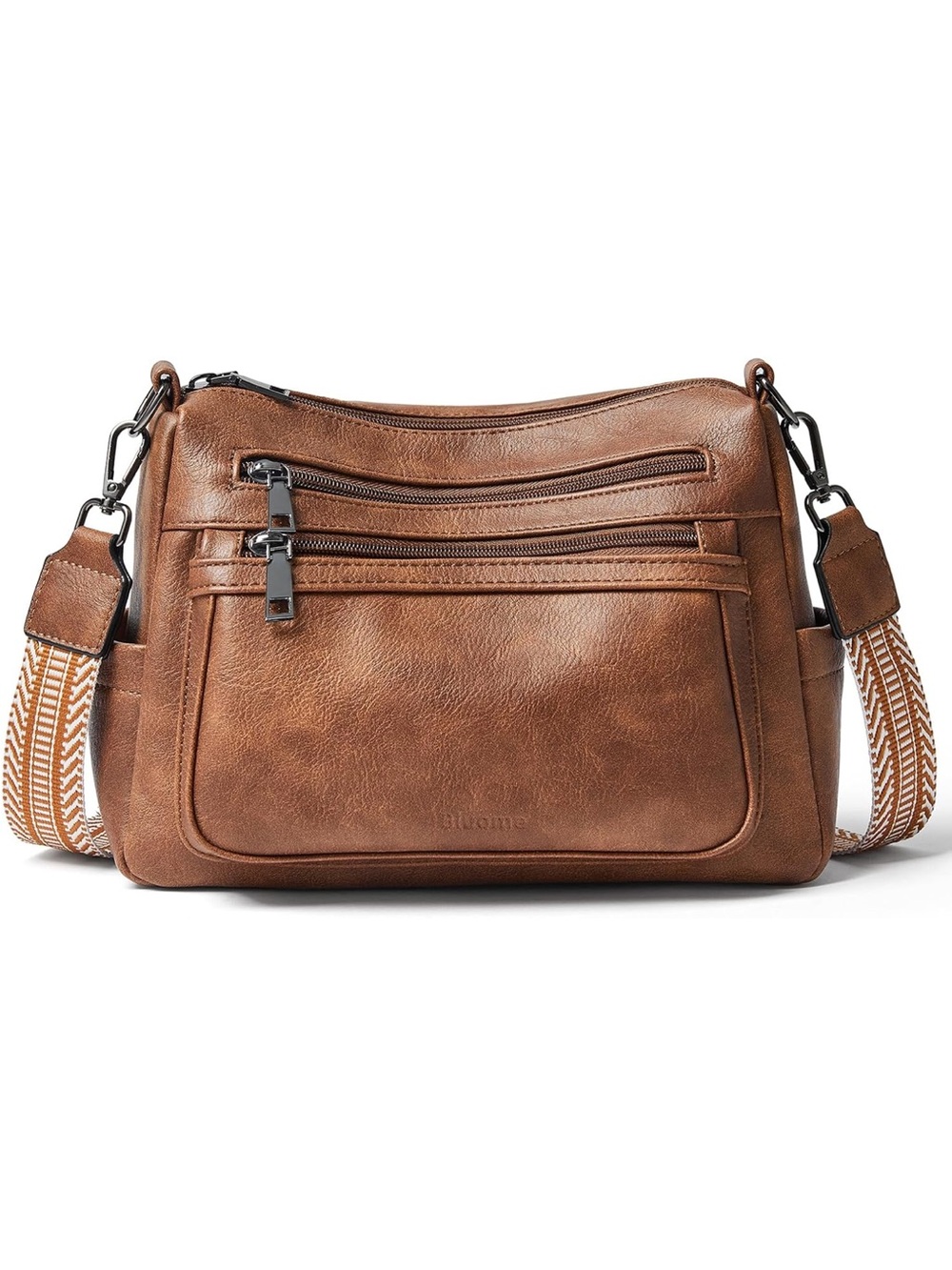 Amazon Brown Leather-Look Crossbody Bag with Patterned Strap